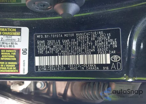 2015 Toyota Corolla Le из США, поврежденный, VIN 2T1BURHE9FC405399